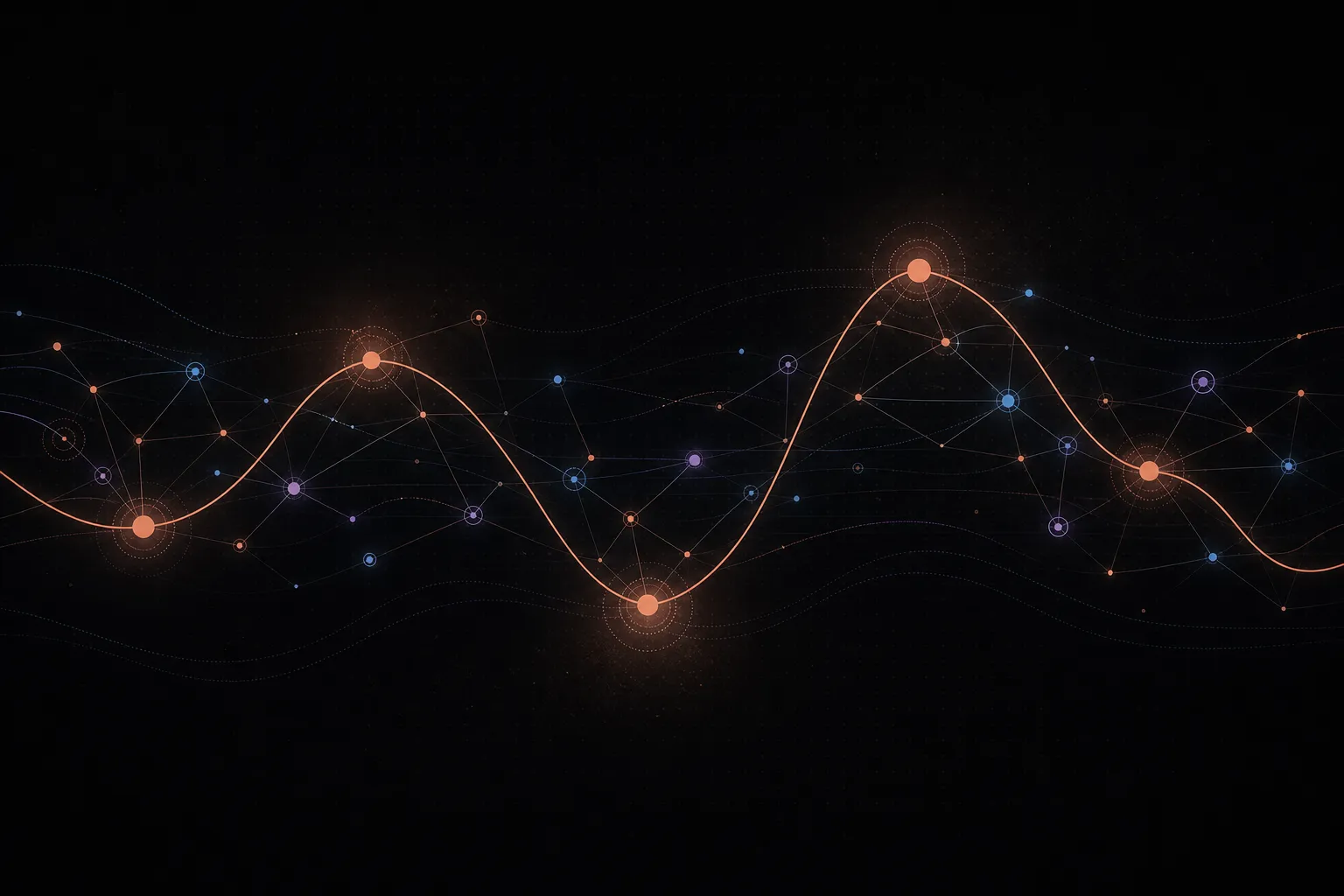 A rollercoaster curve linking a network of nodes over faint parallel streams.